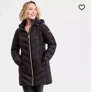 Michael Kors Black Quilted Packable Long Puffer Coat with Gold Trim